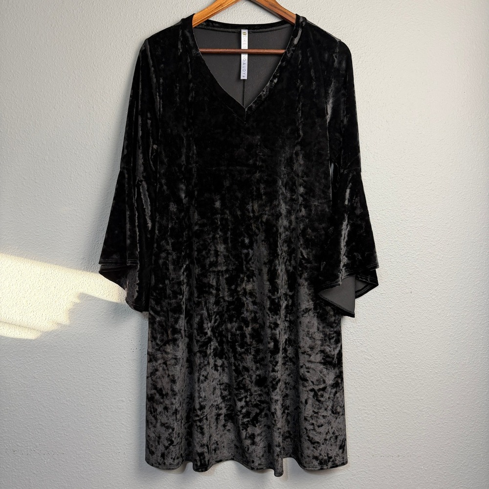 DRESSINGGAUDY Med Black Crushed Velvet Bell Sleeve V Neck Shift Dress Whimsigoth